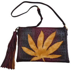 Le Miel Vegan Leather Burgundy Ostrich Texture Crossbody Bag Leaf Design